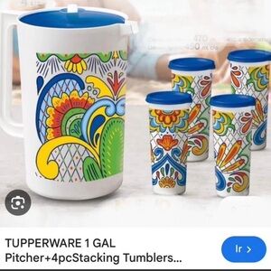 Tupperware Floral Pitcher and Tumbler Set with Blue Lids